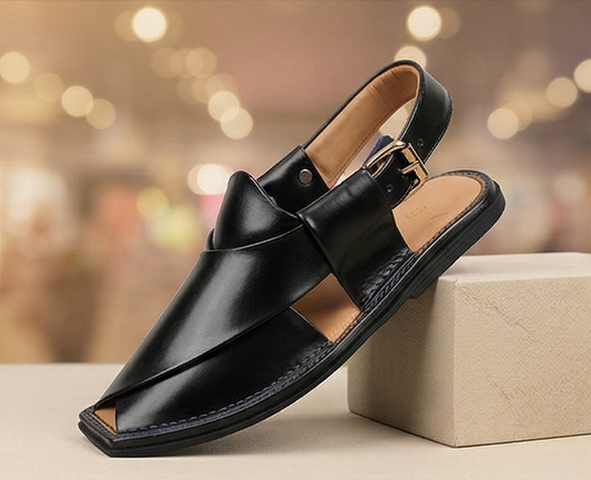 Authentic Charsadda Kaptaan – High-Gloss Black Leather
