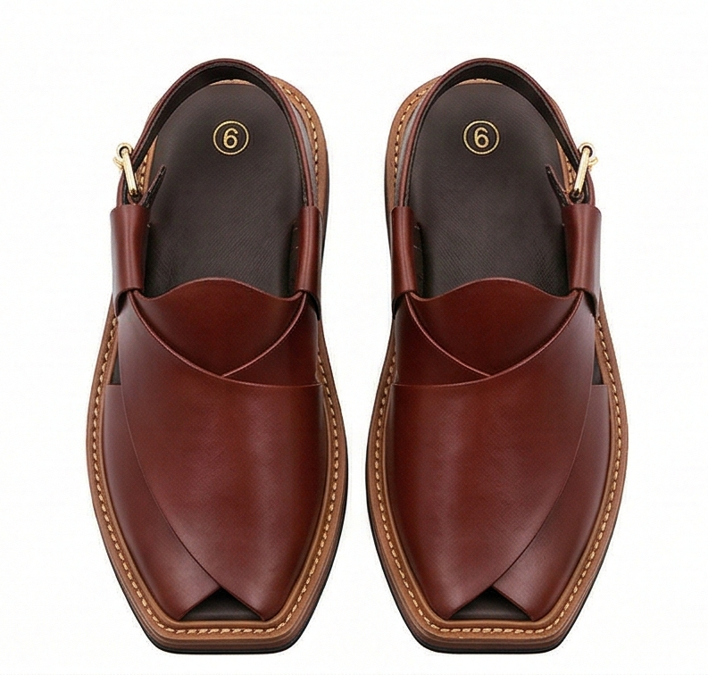 Kaptaan Edition Peshawari Chappal – Premium Cherry Brown Square Toe
