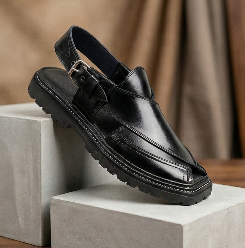 Glossy Black Kaptaan Chappal – Contrast Stitch Lug Sole