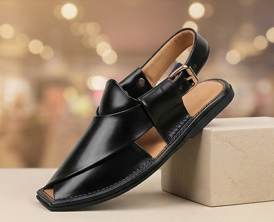 Authentic Charsadda Kaptaan – High-Gloss Black Leather