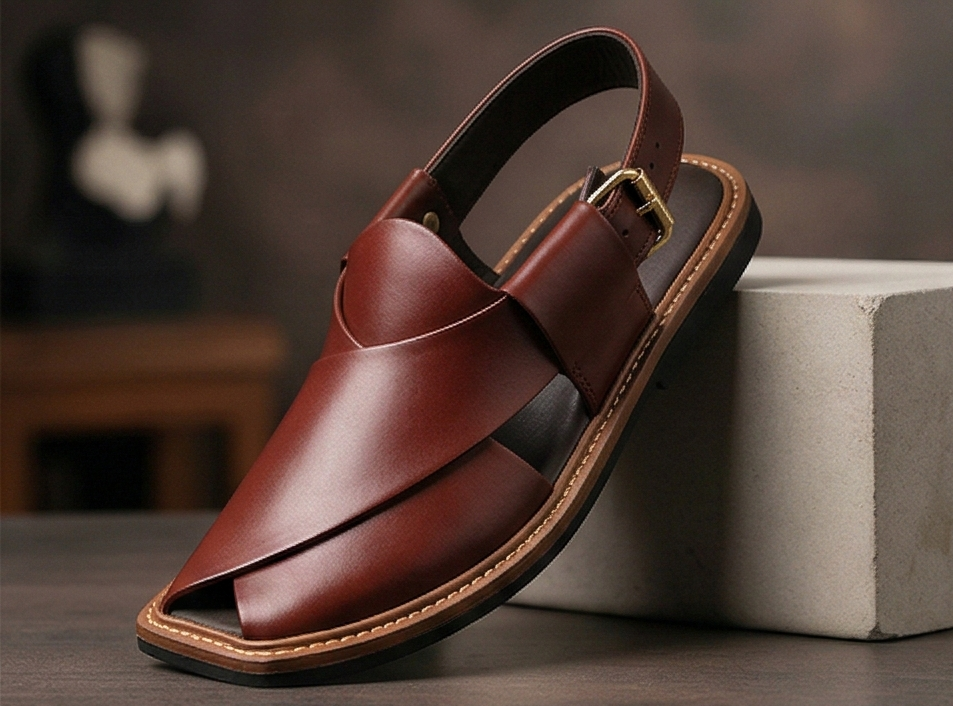 Kaptaan Edition Peshawari Chappal – Premium Cherry Brown Square Toe