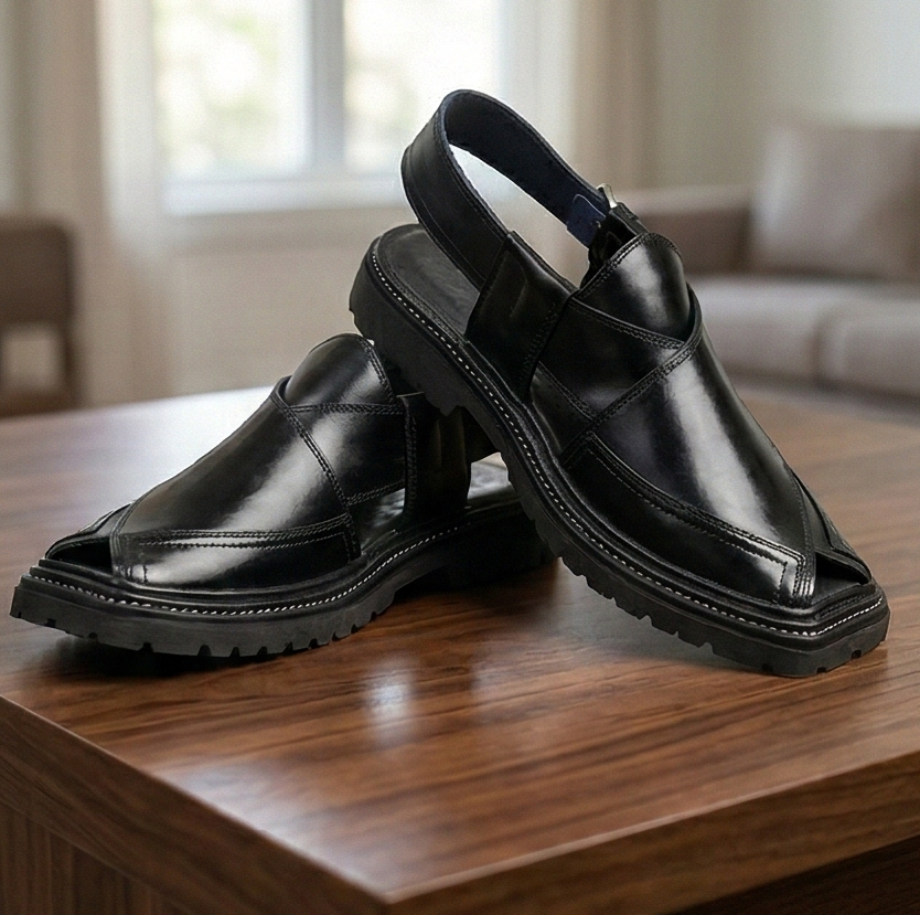 Glossy Black Kaptaan Chappal – Contrast Stitch Lug Sole
