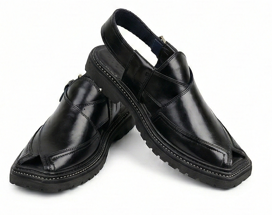 Glossy Black Kaptaan Chappal – Contrast Stitch Lug Sole