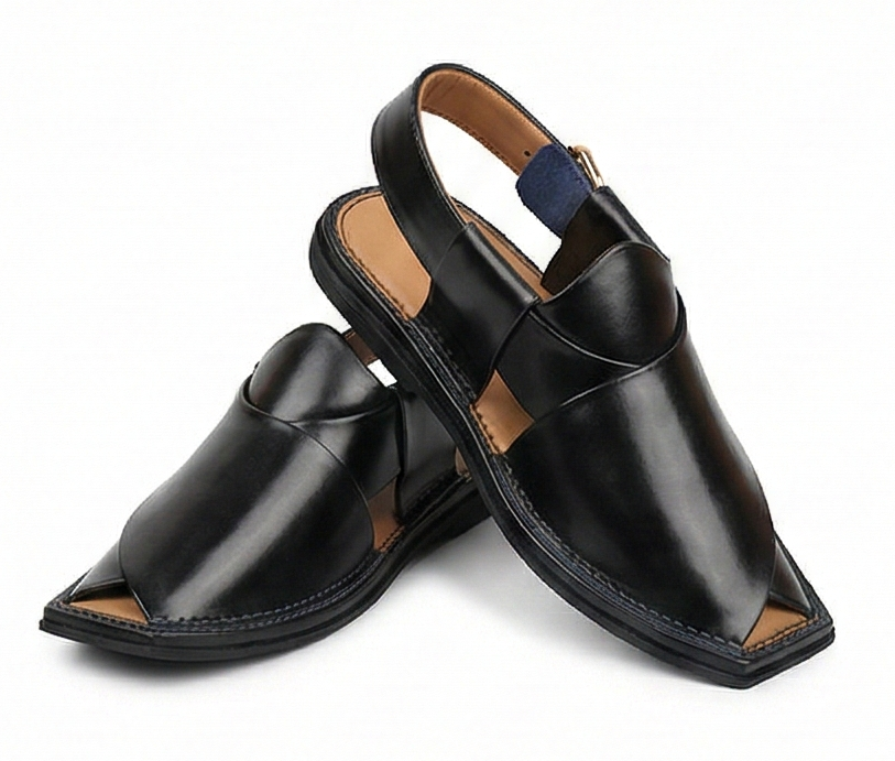 Authentic Charsadda Kaptaan – High-Gloss Black Leather