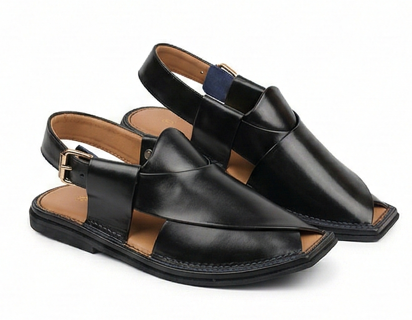 Authentic Charsadda Kaptaan – High-Gloss Black Leather