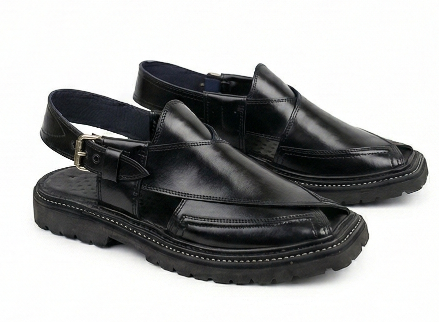 Glossy Black Kaptaan Chappal – Contrast Stitch Lug Sole