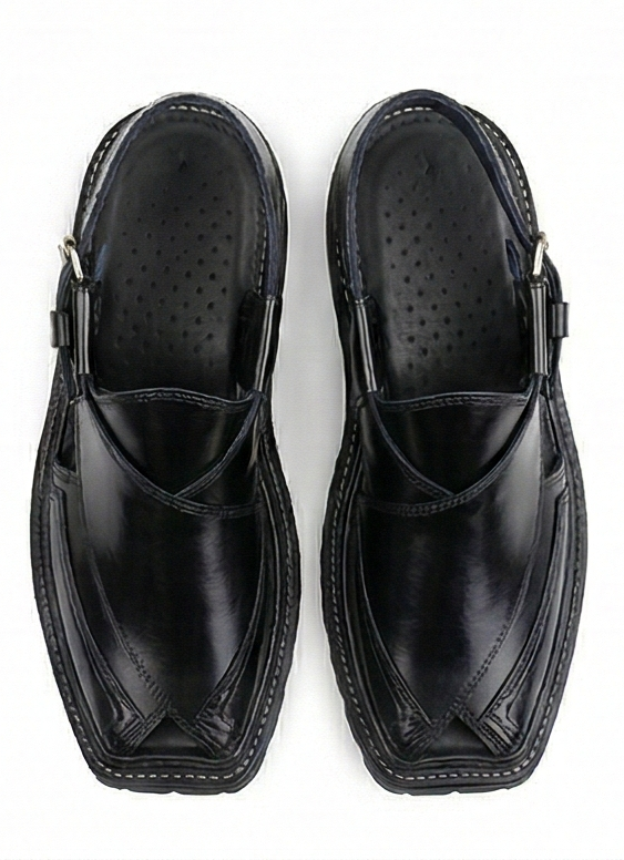 Glossy Black Kaptaan Chappal – Contrast Stitch Lug Sole