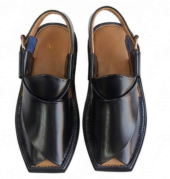 Authentic Charsadda Kaptaan – High-Gloss Black Leather