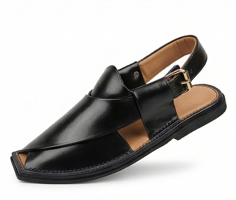 Authentic Charsadda Kaptaan – High-Gloss Black Leather