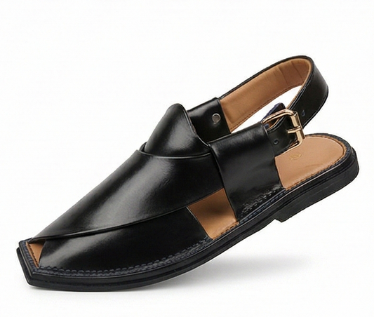 Authentic Charsadda Kaptaan – High-Gloss Black Leather