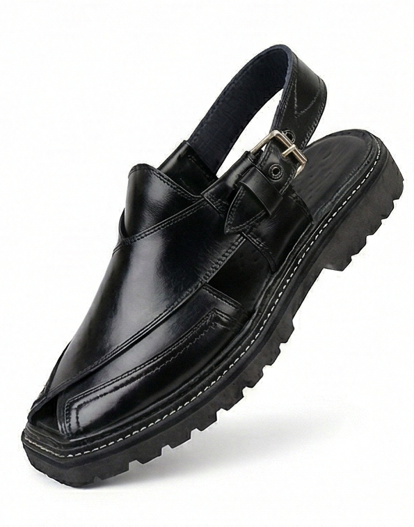 Glossy Black Kaptaan Chappal – Contrast Stitch Lug Sole