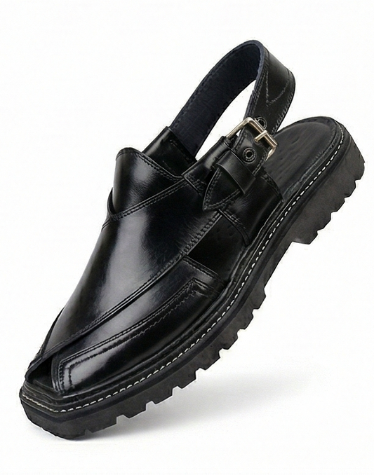 Glossy Black Kaptaan Chappal – Contrast Stitch Lug Sole
